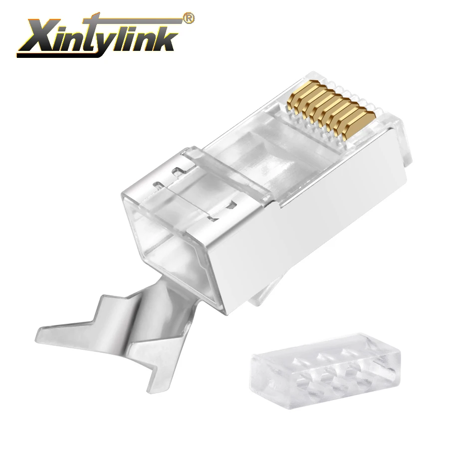 Xintylink Conector Cable Ethernet Cat7 Cat6A RJ45 50u 1.3mm Conector Red CAT.6A Chapado Oro SFTP 8P8C Conector STP Blindado Metal - Vista principal del producto