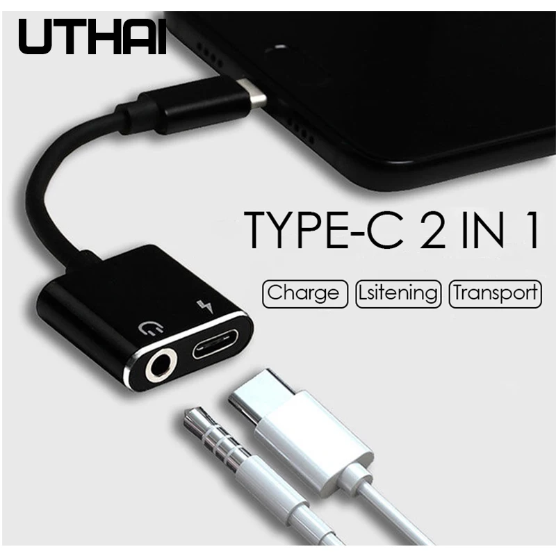 UTHAI T11 Adaptador de Audio tipo C a 3,5mm, convertidor 2 en 1 para carga de Cable USB C - imagen 3