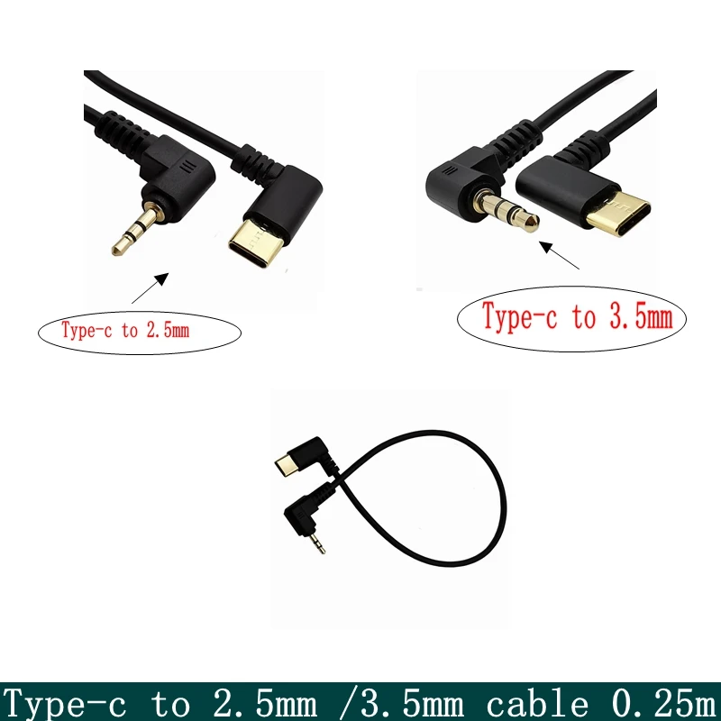 Cable USB tipo C a 2,5 y 2,5mm de ángulo de 90 grados, Conector de auriculares auxiliar macho de codo de 3,5mm, Cable de 1 pies y 25cm