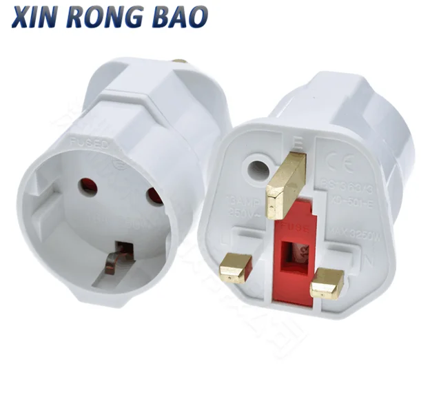 Nueva superficie blanca y negra Alemania/Francia/Rusia a Reino Unido de 3 pines con enchufe adaptador de viaje de enchufe fundido de 13A 250V enchufe tipo Reino Unido XD-501-E