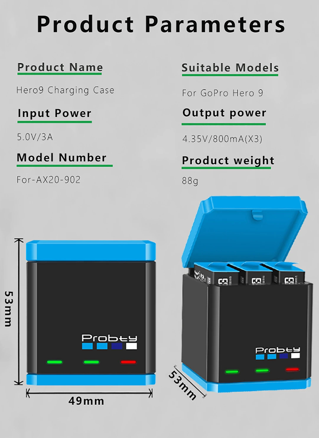 Caja de carga de almacenamiento para GoPro Hero 10 Hero 9, cargador de 3 ranuras, 1850mAh, negro - imagen 5