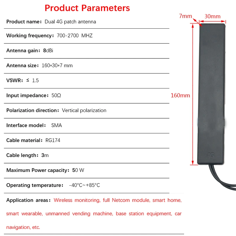 4G + 4G GSM 3G 4G LTE parche antena ganancia 8DB enrutador inalámbrico omnidireccional tarjeta de red RG174 Cable de 3m doble conector macho SMA - imagen 3