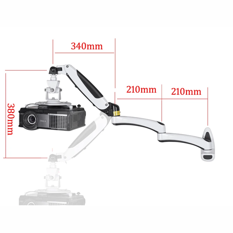 PR03W-L proyector universal montaje en pared resorte de gas movimiento completo 0-6,5 kg de largo soporte de brazo de tres secciones con bandeja de gancho 1/4 pulgadas - imagen 2