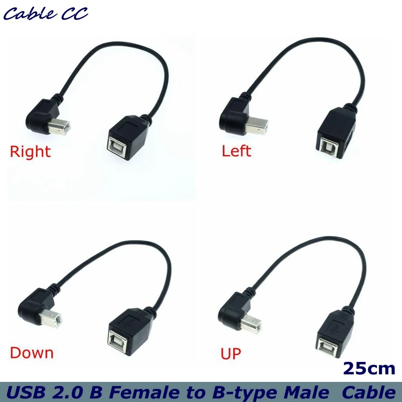 Cable de impresora USB 2.0 tipo B, paquete de 2 USB 2.0 B hembra a tipo B macho (ángulo recto de 90 grados hacia arriba y hacia abajo) extensión corta de impresora