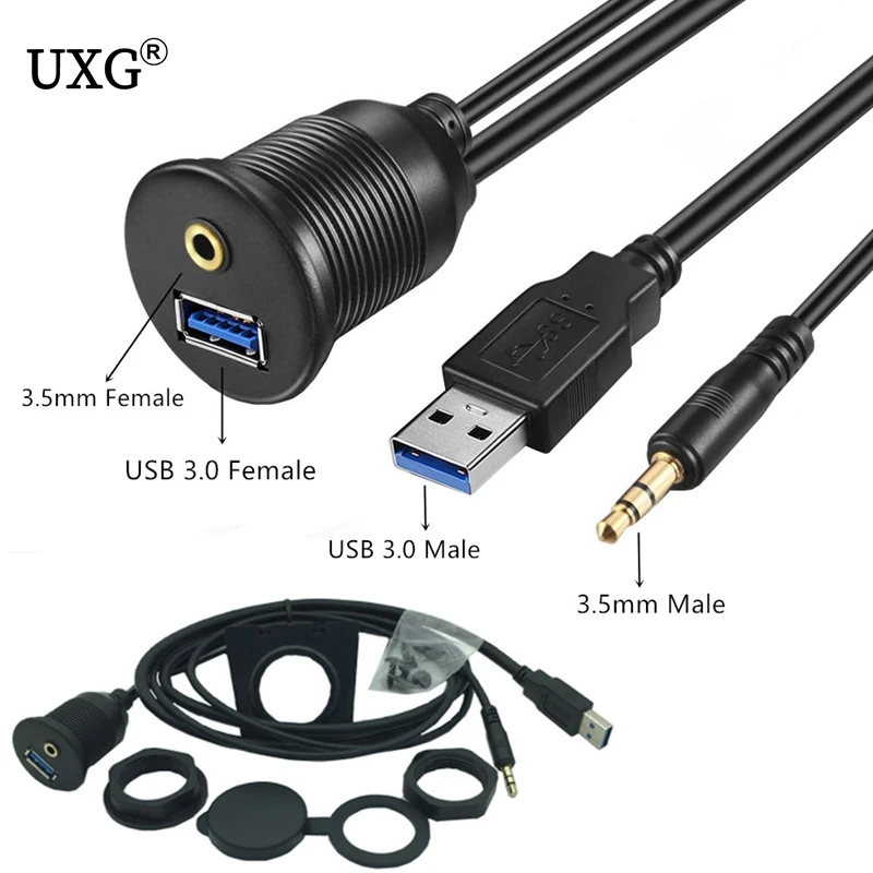 Panel de montaje empotrado USB 3,0 USB 2,0 + Cable de extensión de 3,5mm tablero macho a hembra para coche motocicleta 1m 2m
