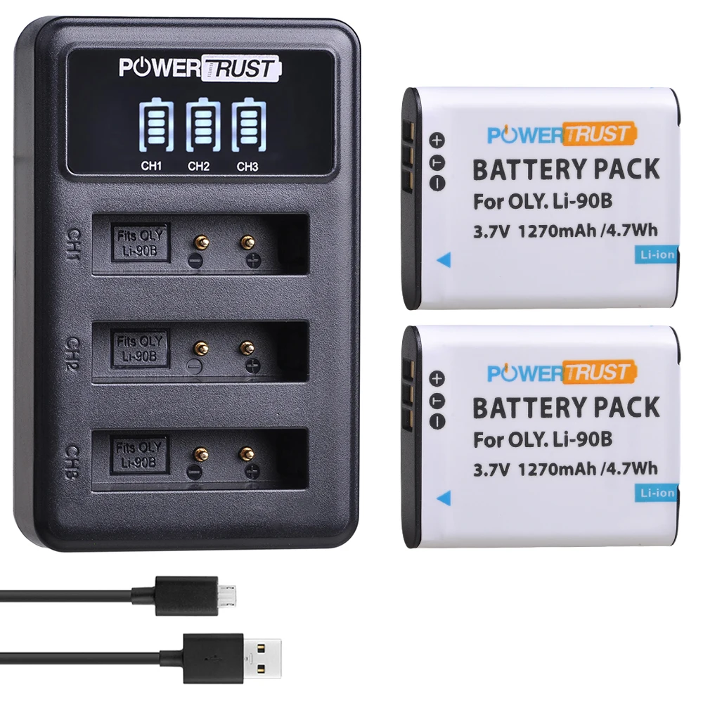 PowerTrust Li-90B LI90B LI-92B Batería + LED Cargador USB de 3 ranuras para Olympus XZ-2,SH-50,SH-1,SP-100, TG-1,TG-2,TG-3,TG-4,TG L20