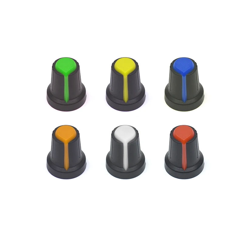 Kit de perilla de potenciómetro WH148, tapa de perillas de plástico, orificio de eje de 6mm, AG2, amarillo, naranja, azul, blanco, rojo, 5 valores x 6 piezas = 30 piezas, 30 piezas por lote - imagen 4