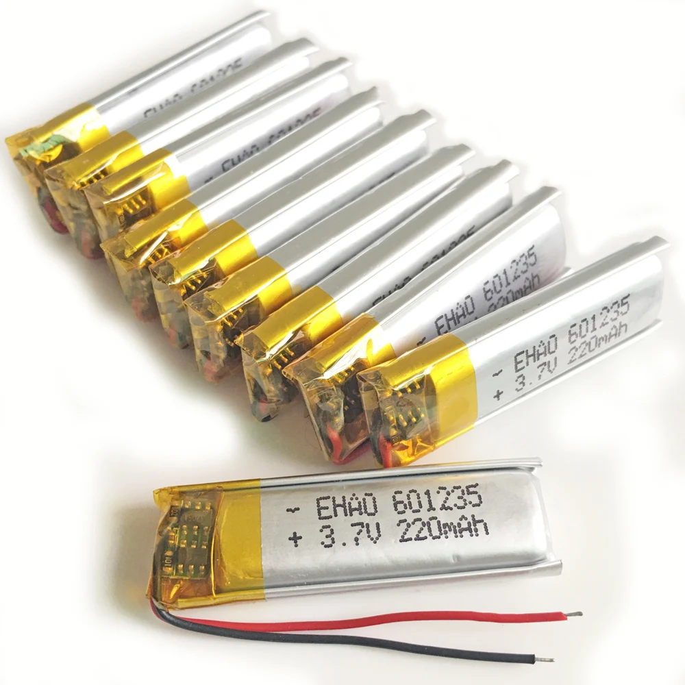 Uds Lipo para videojuegos, lote de 10 batería recargable de polímero de litio, 3,7 V, 220mAh, 601235, para Mp3, MP4, MP5, GPS, PSP, Bluetooth - imagen 2