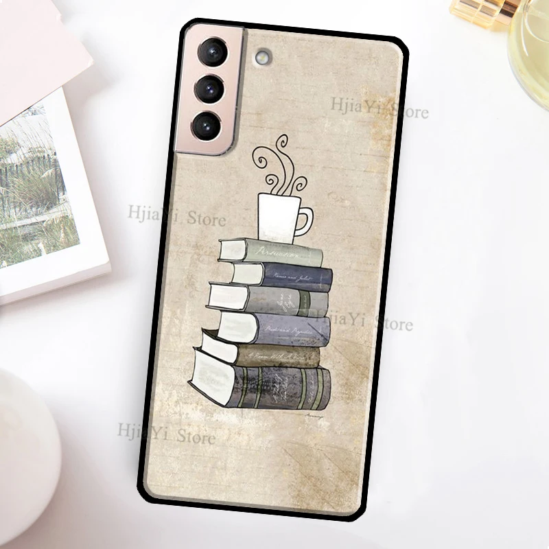 Funda de teléfono con libros y café para Samsung Galaxy S21 S22 Ultra Note 20 S20 FE S8 S9 S10 Note 10 Plus Coque - imagen 2
