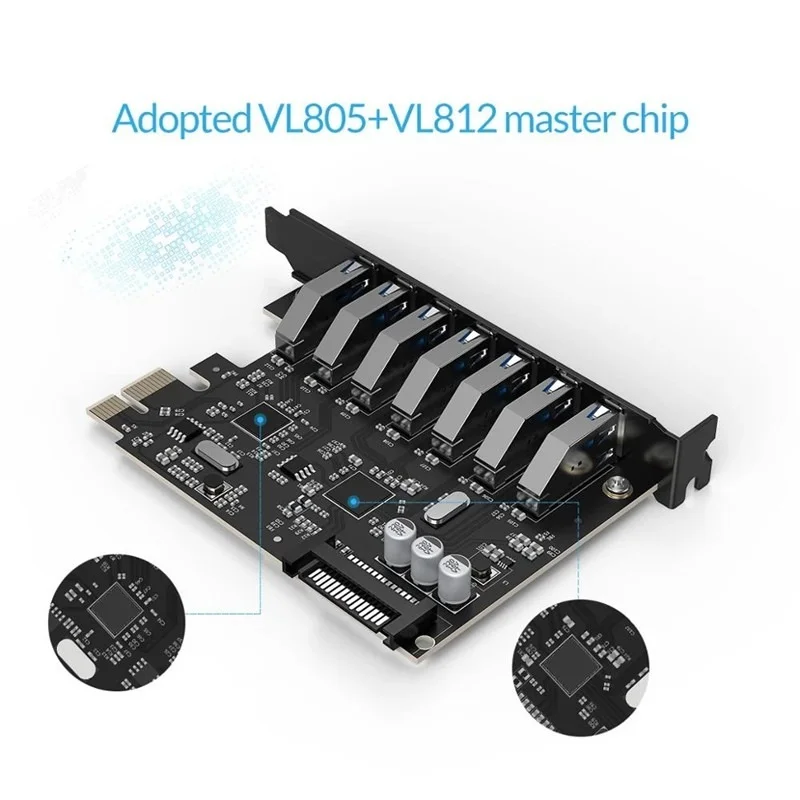 ORICO-Adaptador de tarjeta Express PCI-E Super Speed, 7 puertos USB 3,0, PCI-E, concentrador USB 3,0 con conector de alimentación SATA de 15 Pines, PCIE adaptable para pc - imagen 2