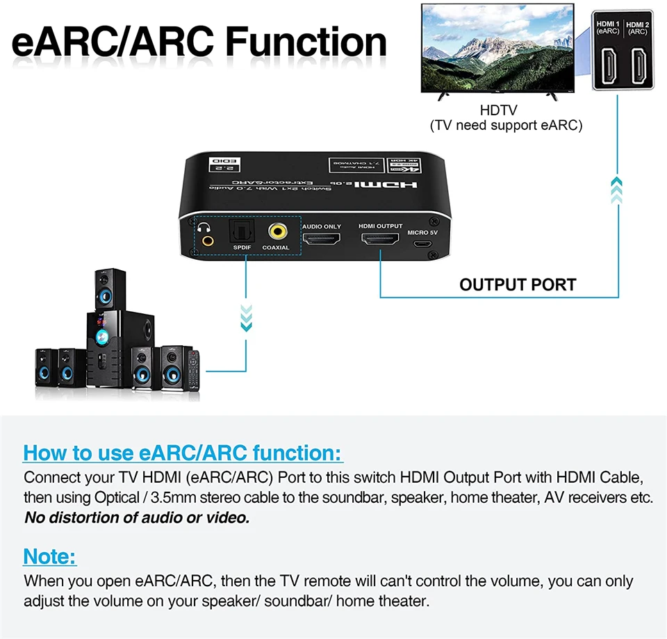Interruptor HDMI ARC & Optical Toslink 120 para Apple TV PS4, 2x1, 4K, 2,0Hz, Extractor de Audio - imagen 4