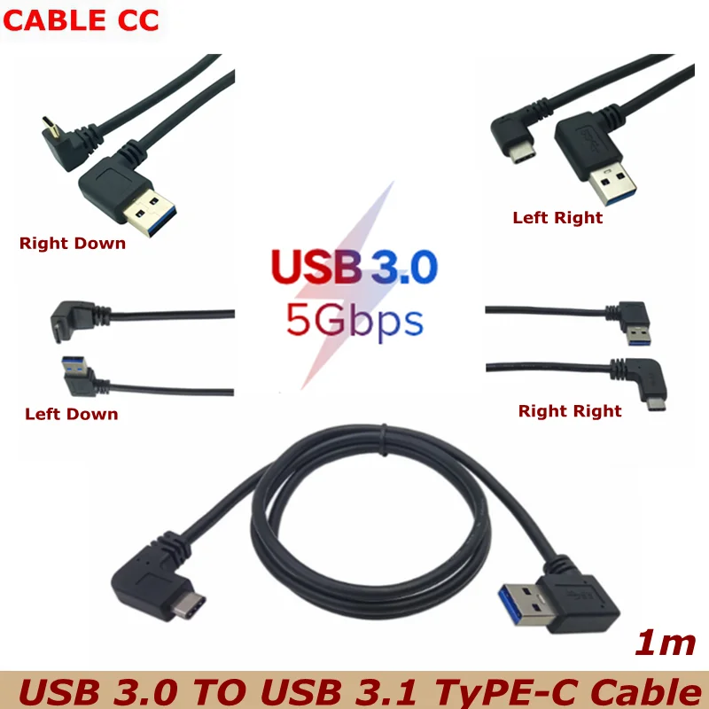 Ángulo de 3,3 pies TYPE-C reversible USB 3,1 El ángulo de USB-C es de aproximadamente 90 grados hacia arriba y hacia abajo Cable de datos macho tipo USB 3,0 A 100 CM
