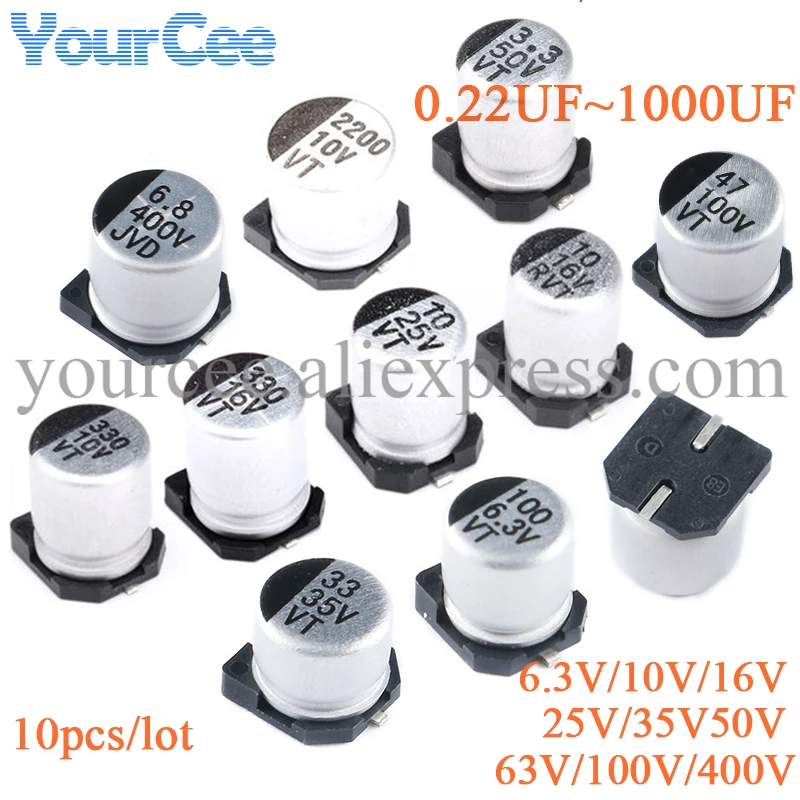 10 Uds 6,3 V 10V 16V 25V 35V 50V 63V 100V 400V SMD condensador electrolítico de aluminio 1UF 4,7 UF 10UF 47UF 100UF 470UF 680UF 1000UF - imagen 2