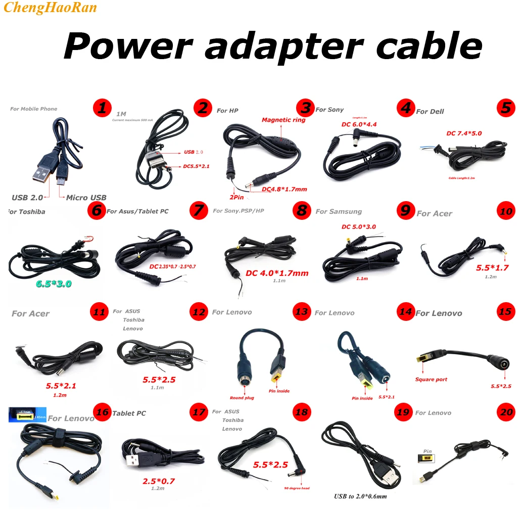 Adaptador de corriente para ordenador portátil, Cable de carga para Sony, Samsung, HP, Dell, Toshiba, Asus, Acer, Lenovo 4,8, 1,7, 6,0, 4,4, 1 unidad