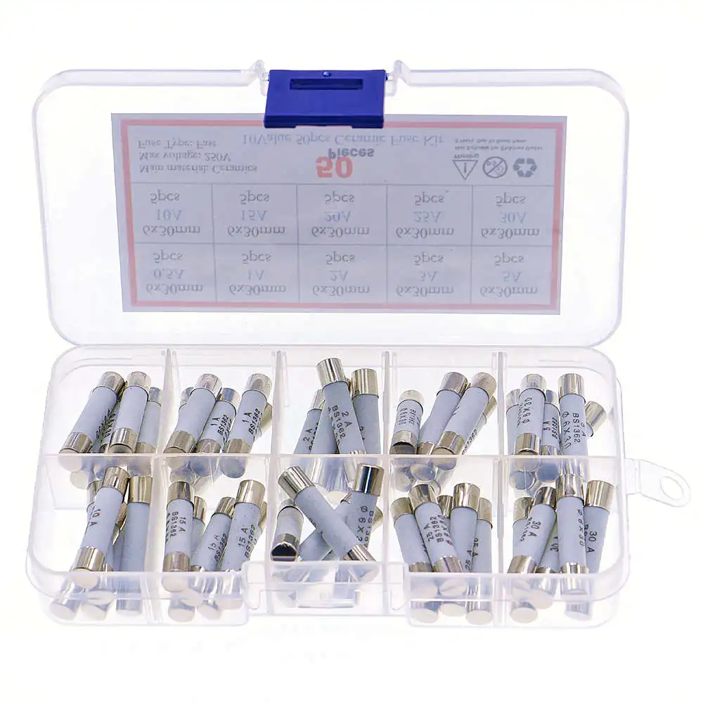 Surtido de fusibles de cerámica, Kit de soplado rápido de 6mm x 30mm y 250V, 0,5a, 1A, 2A, 3A, 5A, 10A, 15A, 20A, 25A, 30A, 50 unids/caja