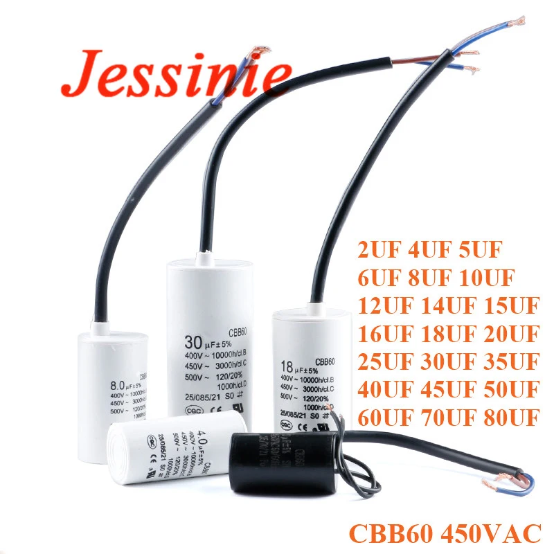 Condensadores de funcionamiento de motor CBB60 450VAC Condensador de arranque 5% 2/4/5/6/8/10/12/14/15/16/18/20/25/30/40/45/70/80UF para lavadora