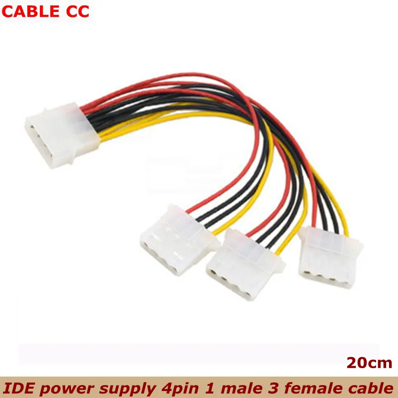 Cable de alimentación con caja IDE de 4 pines, 20cm, el mejor precio, HY1578, Molex macho de 4 pines a Cable adaptador divisor de corriente hembra Molex IDE de 3 puertos