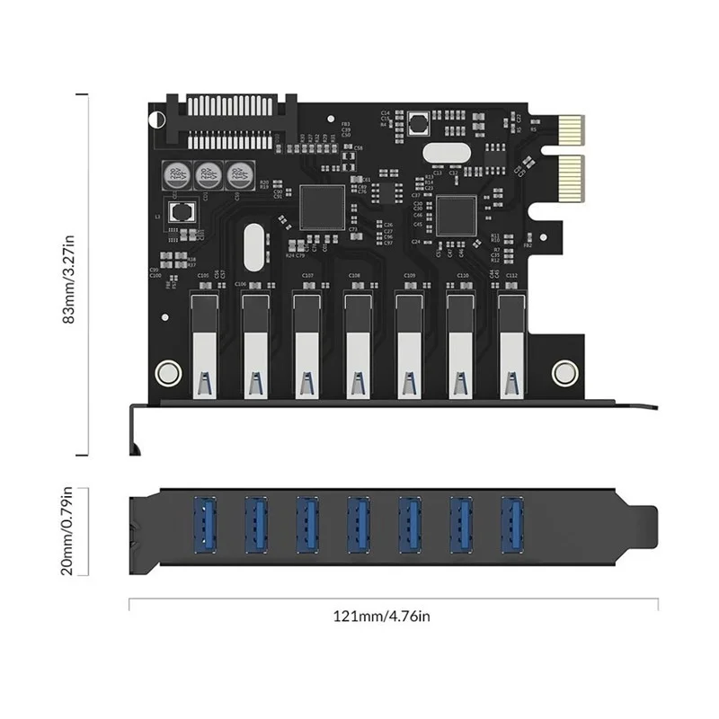 ORICO-Adaptador de tarjeta Express PCI-E Super Speed, 7 puertos USB 3,0, PCI-E, concentrador USB 3,0 con conector de alimentación SATA de 15 Pines, PCIE adaptable para pc - imagen 3