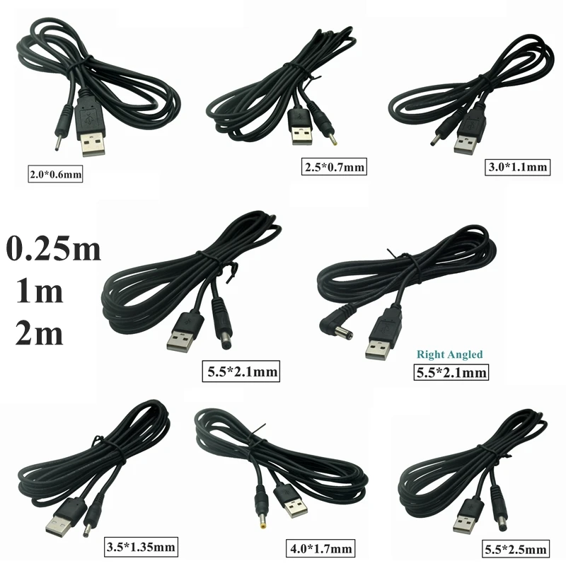 2M 1M Puerto USB a 2,0*0,6 2,5*0,7mm 3,0*1,1 3,5*1,35mm 4,0*1,7mm 5,5*2,1mm 2,5mm 5V DC enchufe barril conector de Cable de alimentación