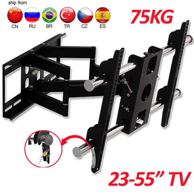 DL-D-201ST 6 brazos 23 "55" montaje en pared de TV lcd retráctil de movimiento completo soporte de pantalla giratoria de acero inoxidable soporte de plasma