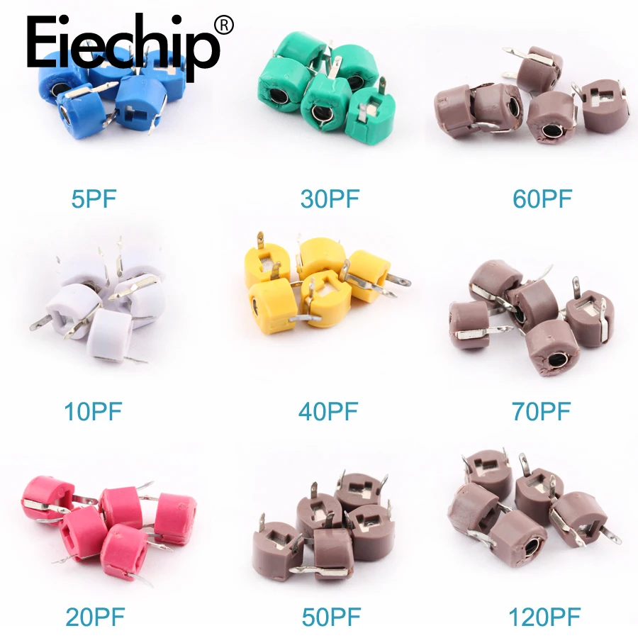 45 Uds condensador recortador Variable Kit surtido JML06 5pf 10pf 20pf 30pf 40pf 50pf 60pf 70pf 120pf paquete de condensadores ajustables