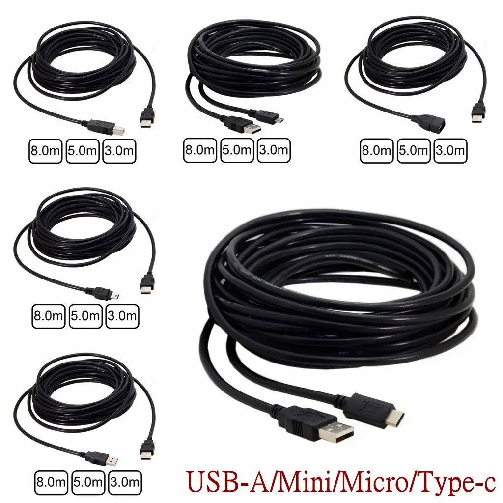 Cargador USB macho a Mini Micro tipo c hembra, Cable de datos para disco duro, teléfono móvil, tableta, cámara, 1m, 3m, 5m, 8m