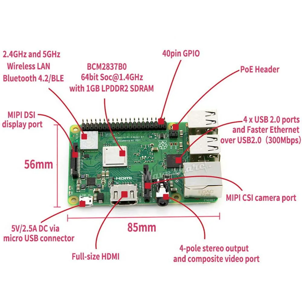 Element14-Raspberry Pi 3 Modelo B/B + Plus,3B +, la tercera generación Pi A 1,4 GHz 64-bit quad-core Cortex-A53 CPU - imagen 5
