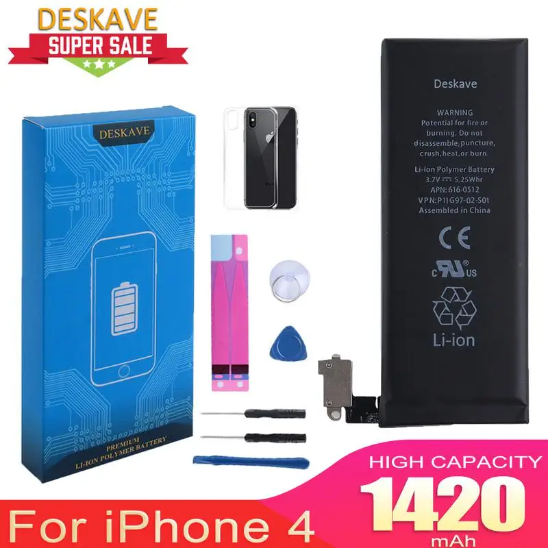 Batería de teléfono para iphone 4, batería de repuesto de 1420 mAh, calidad AAA, kit de herramientas gratuito, capacidad A1332 A1349