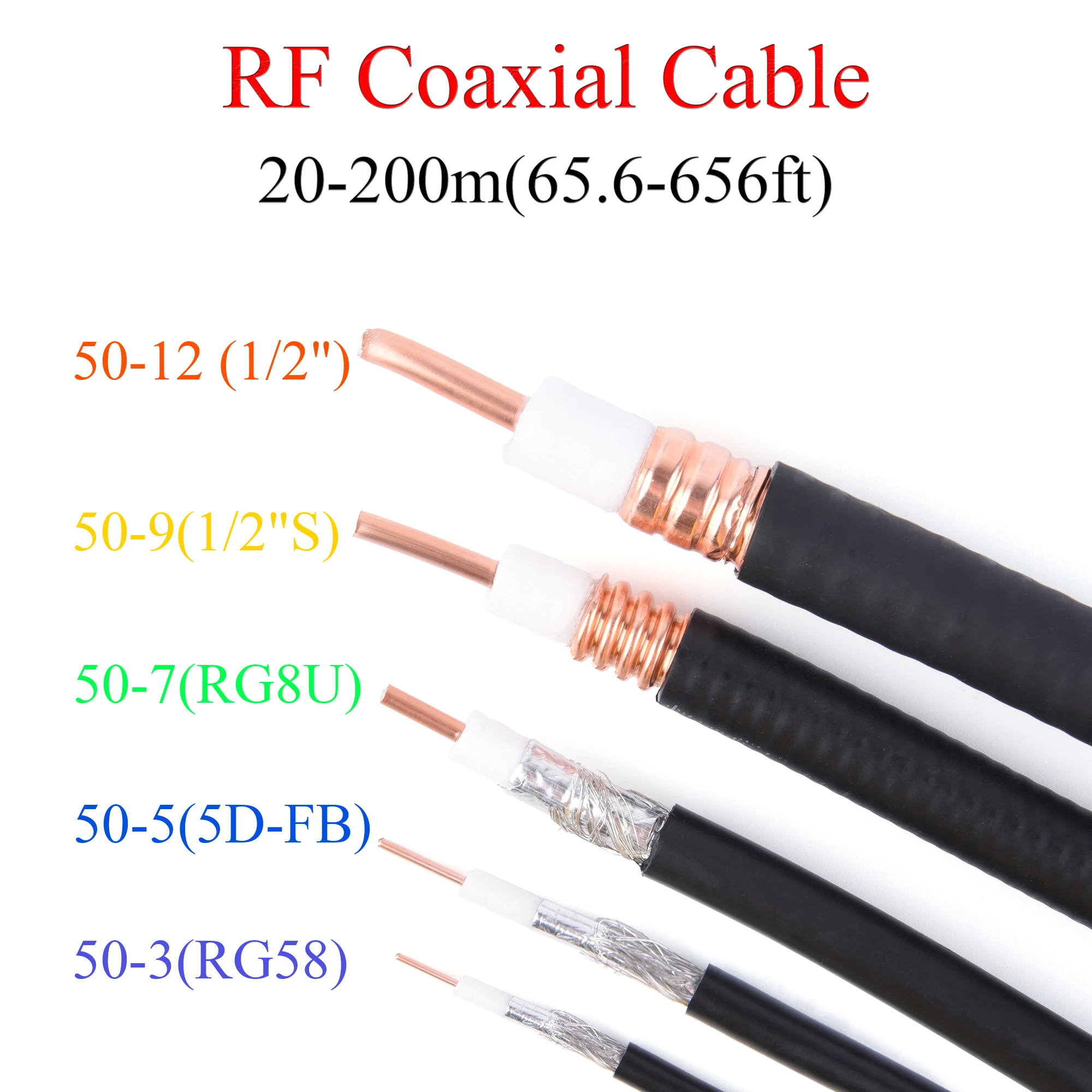 Cable Coaxial RF Chapado en cobre, 50ohm, 20M-200M, 50-3/RG58 50-5/5D-FB 50-7/RG8U 50-9/1/2 "S 50-12/1/2" alambre de aluminio,
