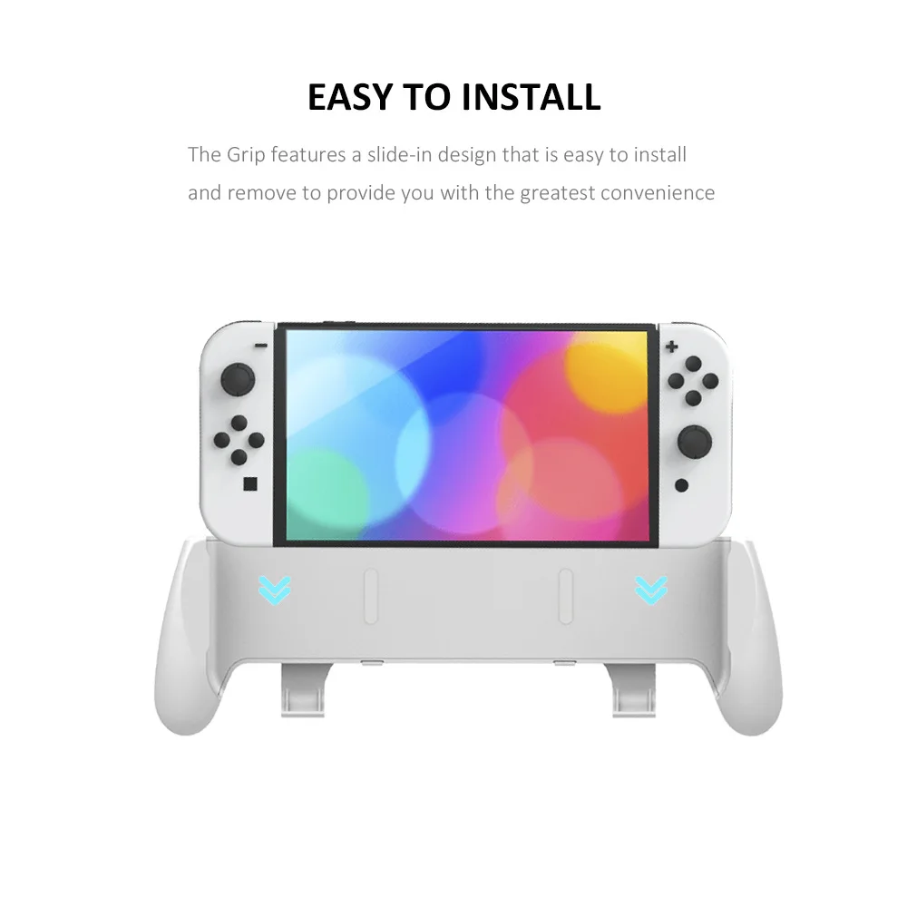 Un interruptor blanco de Nintendo con una pantalla que muestra un fondo colorido