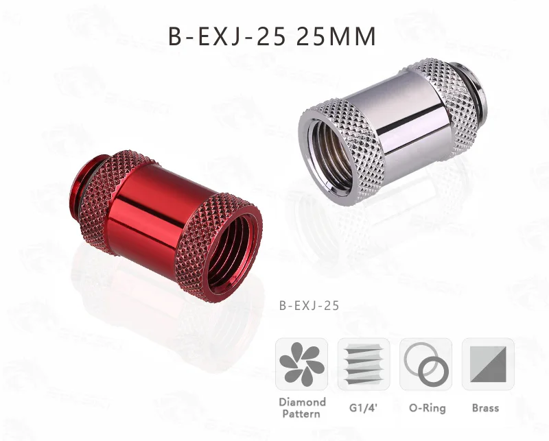 Se muestra un tubo rojo y plateado con las palabras B-exj-25 mm en la parte superior