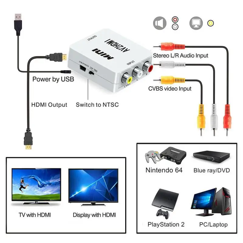 Mini RCA AV macho a HDMI hembra adaptador convertidor Full HD 1080P compuesto CVBS a HDMI AV2HDMI convertidor de Audio - imagen 3