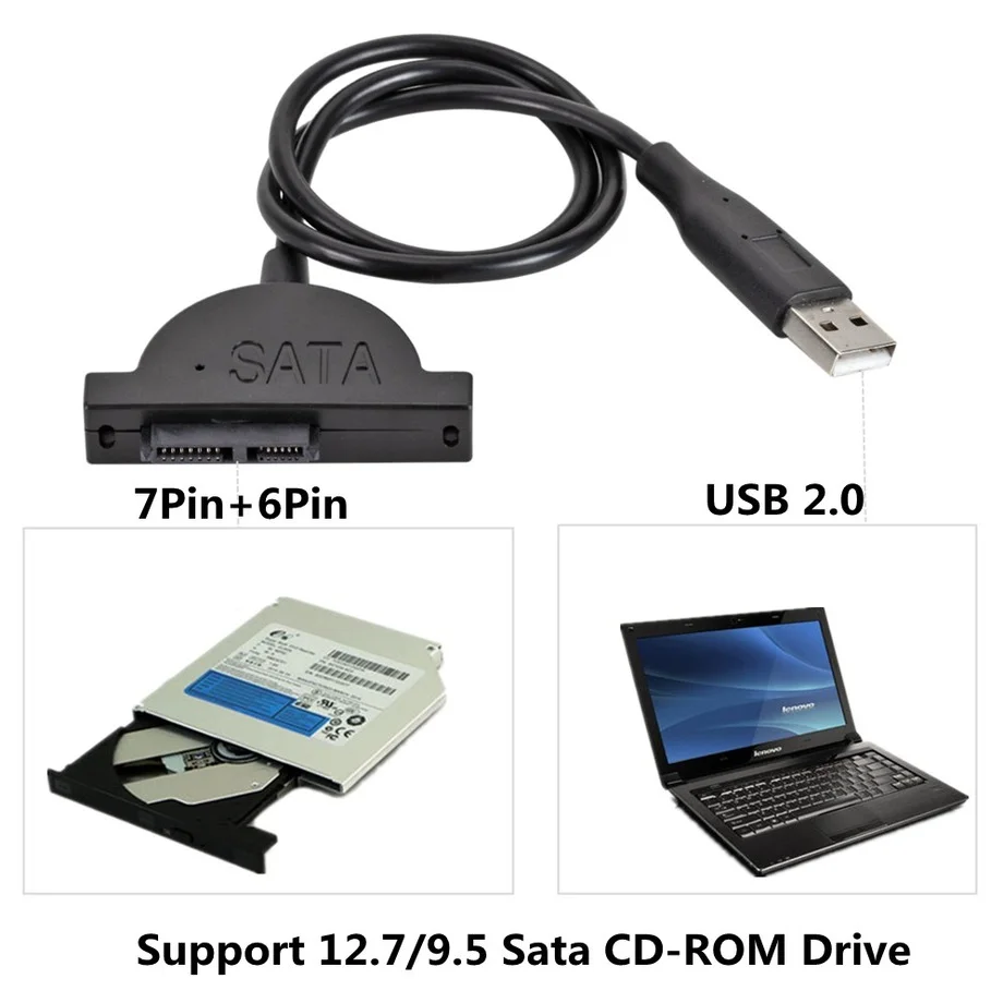 PzzPss USB 2,0 a Mini Sata II 7 + 6 adaptador de 13 pines para ordenador portátil CD/DVD ROM Unidad delgada convertidor Cable tornillos estilo constante 1 Uds - imagen 2