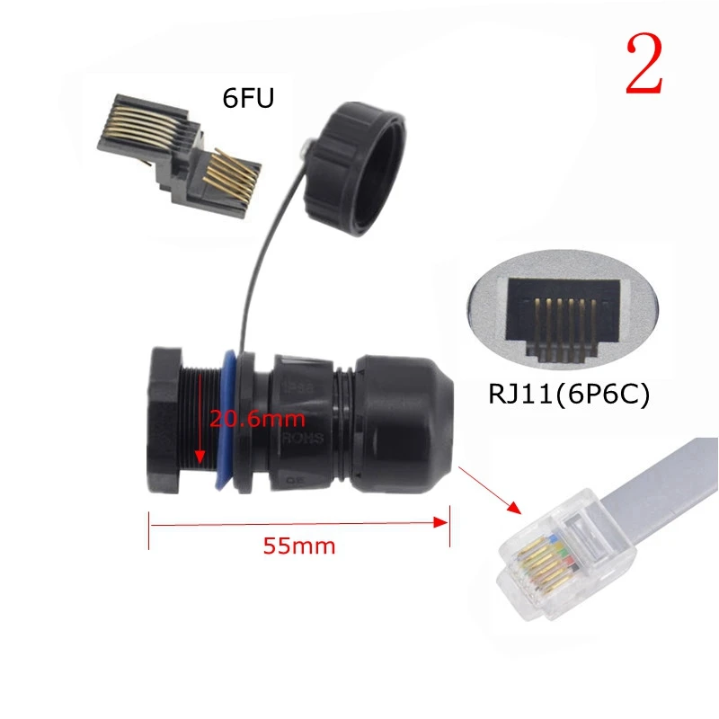 Cable telefónico impermeable conector de enchufe RJ11 RJ 11 M20 6P6C adaptador hembra extensor de enchufe de cristal de teléfono de cabeza recta - imagen 4