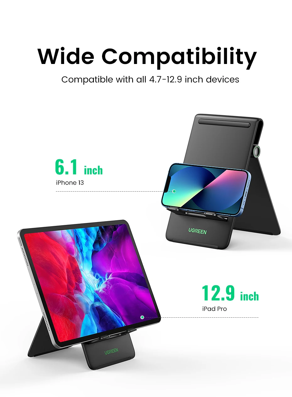 Un póster que muestra un teléfono y una tableta con las palabras de compatibilidad amplia escrita en la parte superior