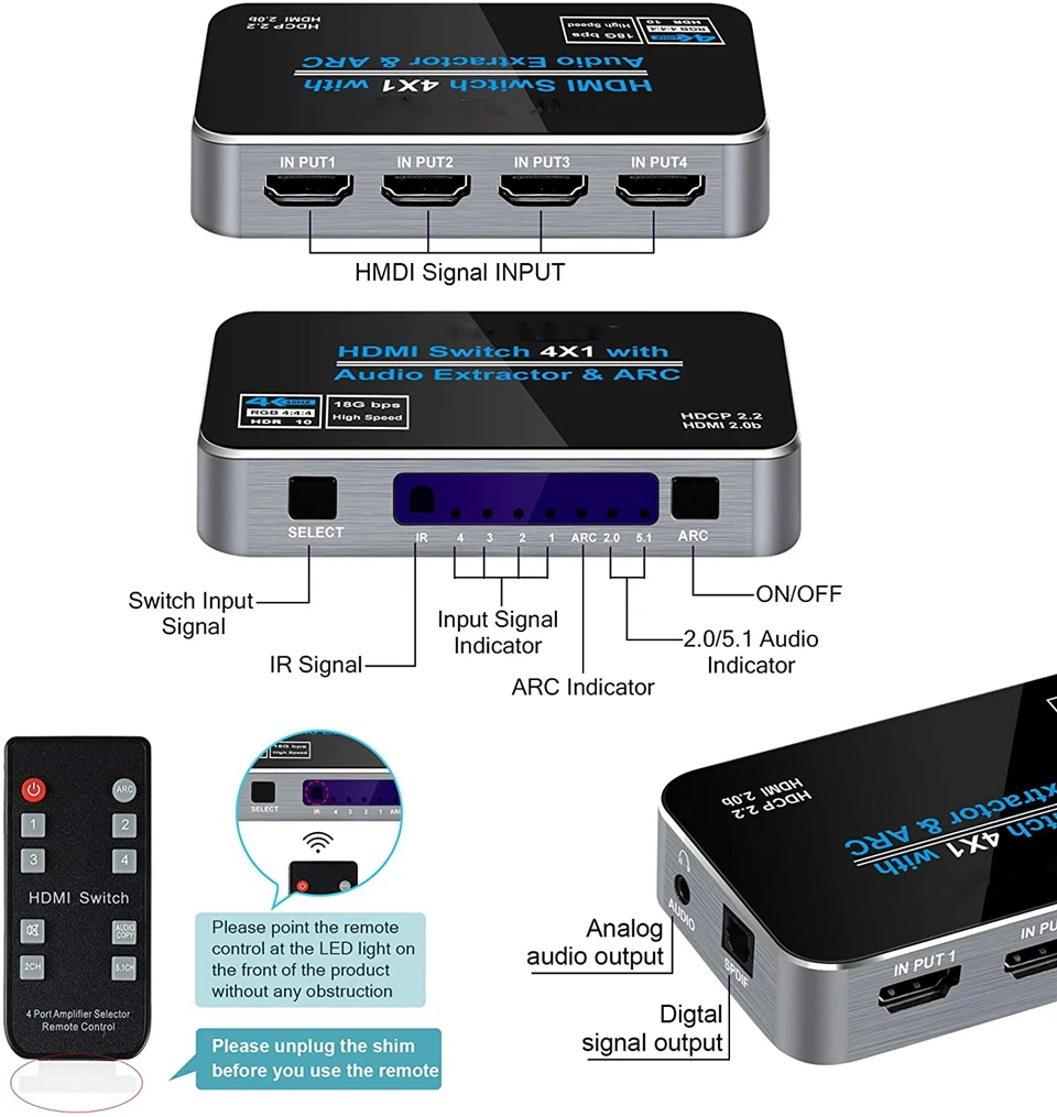 Interruptor Extractor de Audio Mini 4x1 4K HDMI con ARC & Optical Toslink HDMI 2,0, interruptor 4K 60Hz HDMI Switch Remote para Apple TV PS4 - imagen 5