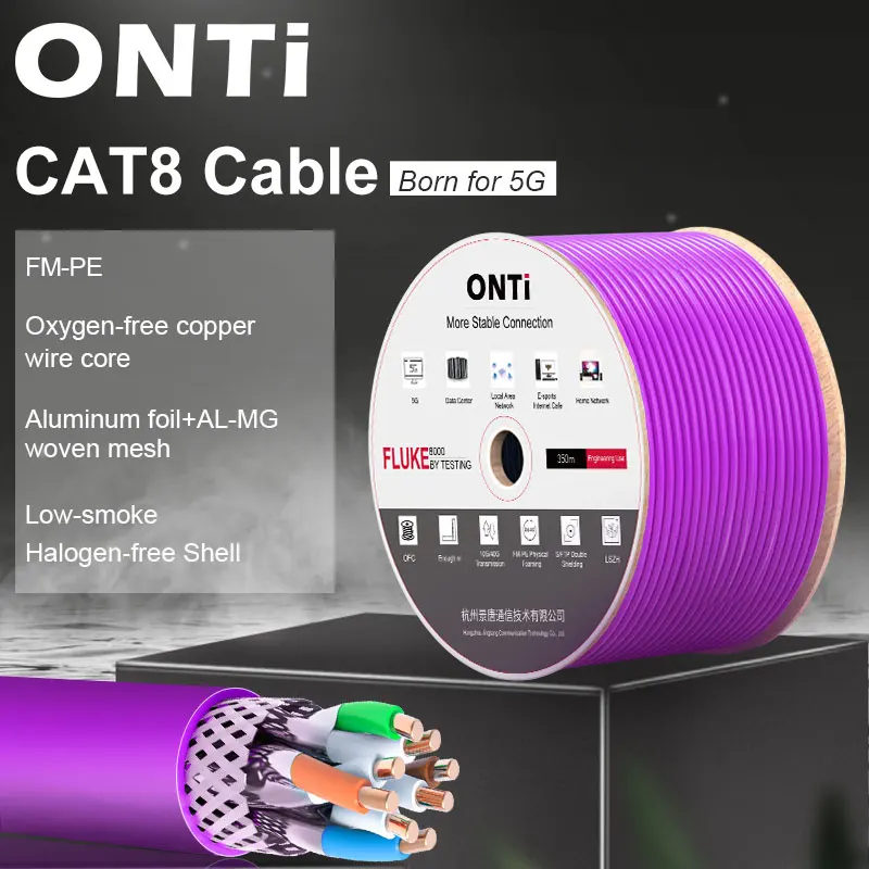 ONTi-CABLE blindado RJ45 CAT8, 40Gbps, 2000MHz, S/FTP, 22AWG, 4PR, cobre libre de oxígeno, LSZH, ANSI/TIA, 568C.2-1 e ISO/IEC TR 11801