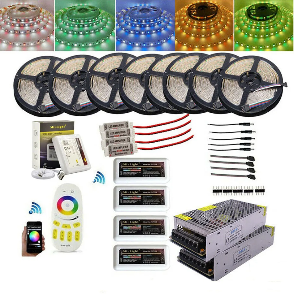 Tira de luces Led RGB RGBW de 20M, 25M, 30M, 40M, 5050, 60LED/M, control remoto de 4 zonas Mi Light RGB RGBW + alimentación Led de 12V