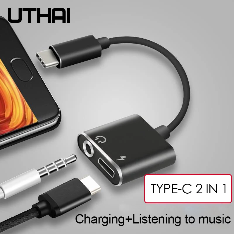 UTHAI T11 Adaptador de Audio tipo C a 3,5mm, convertidor 2 en 1 para carga de Cable USB C - imagen 2