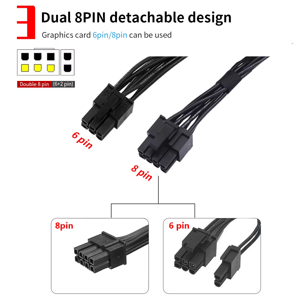 TISHRIC-Cable adaptador de tarjeta gráfica PCIE de 6 pines a doble 8 pines (6 + 2 pines), placa base, fuente de alimentación, Cable divisor - imagen 5