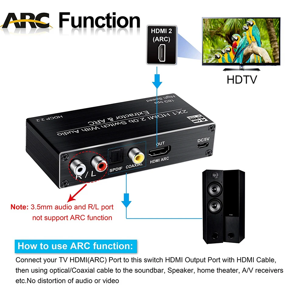 Extractor de audio 4K 120Hz HDMI 4K compatible con 5,1 canales 2 puertos HDMI a HDMI Audio ARC Switch con audio toslink estéreo para Apple TV PS5 - imagen 4
