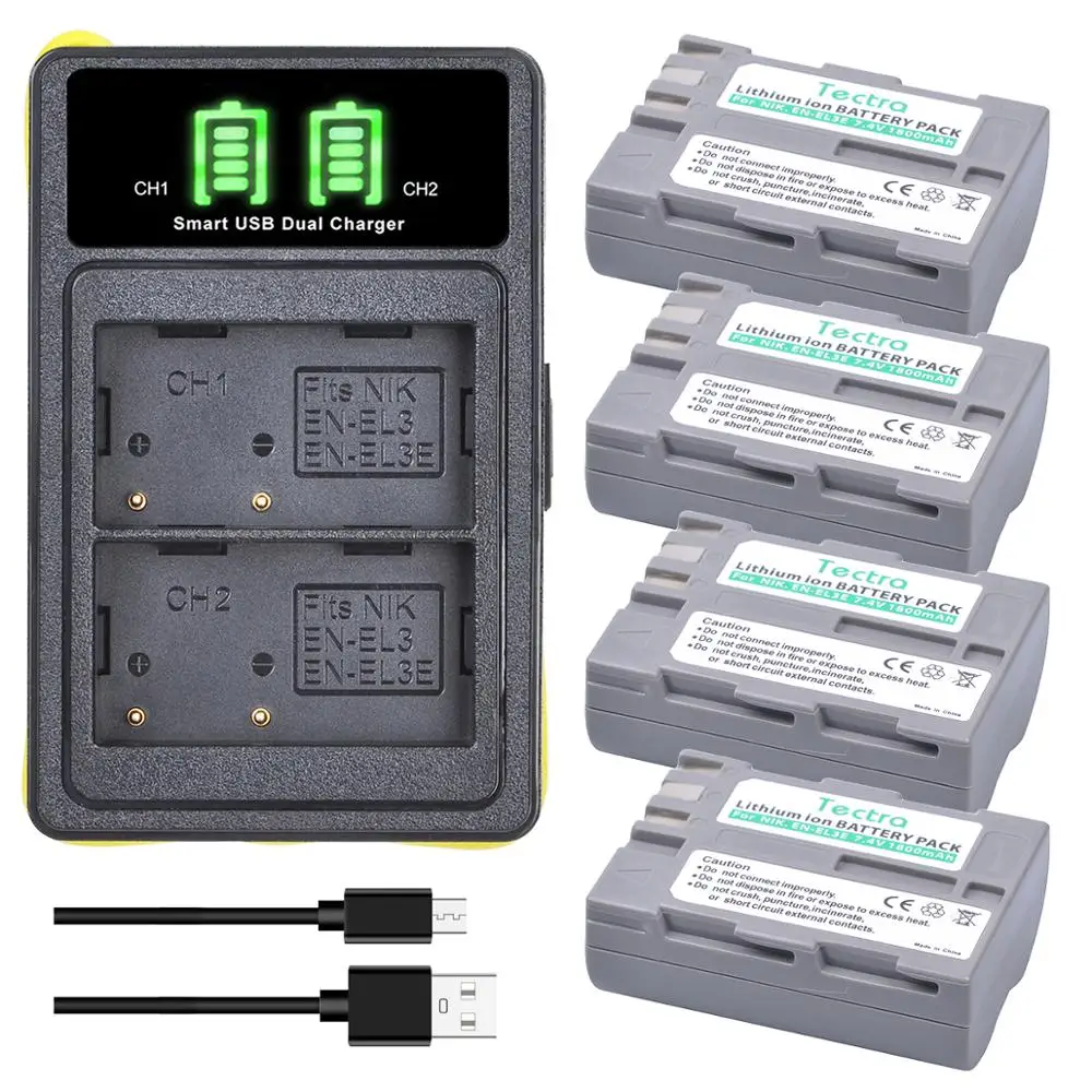 Baterías de cámara de EN-EL3e y Puerto USB LED tipo C, cargador para Nikon D30, D50, D70, D70S, D90, D80, D100, D200, D300, ENEL3e