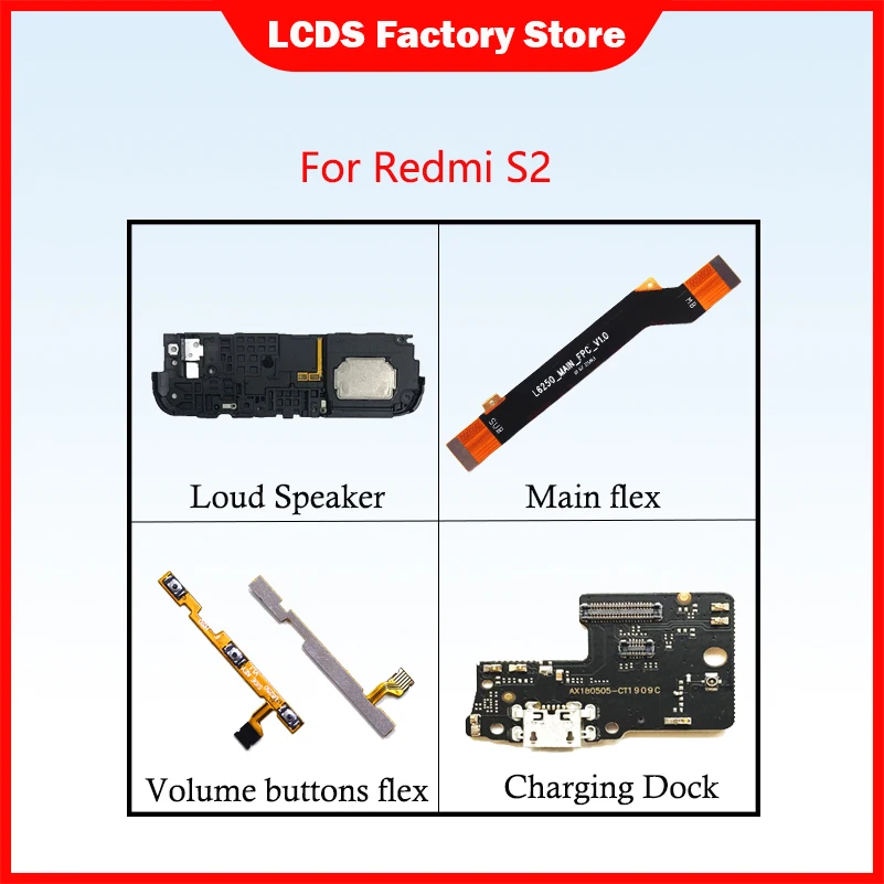 Piezas de teléfono para Redmi S2, botón de volumen de encendido/apagado, altavoz con huella digital, puerto de carga, línea de señal, auricular, altavoz