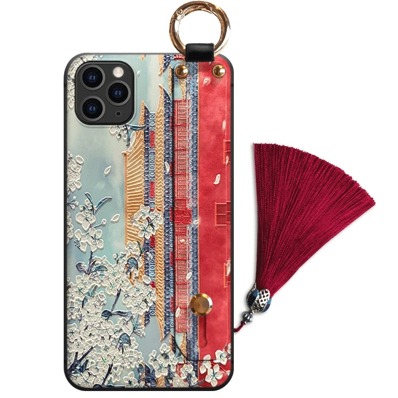 Para iPhone 16 16e 15 14 13 12 11 Pro Max Mini SE XR Plus Funda 3D en relieve banda de mano soporte de correa borla Funda suave - imagen 5