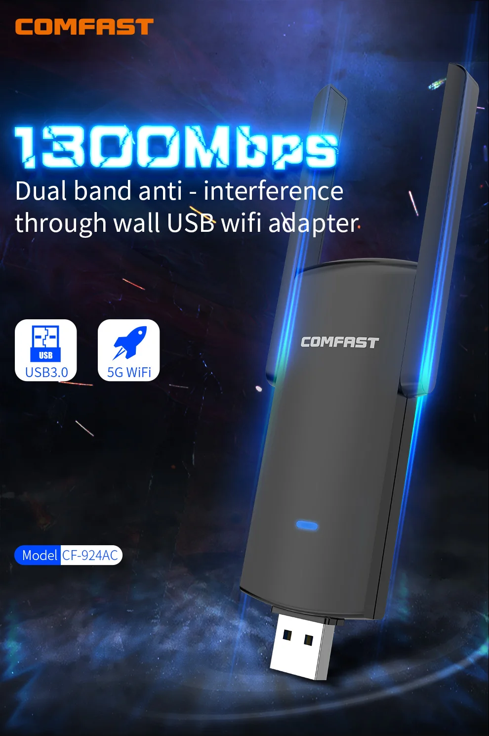Adaptador WiFi Comfast Gigabit 1300Mbps 2,4G 5GHz antena USB3.0 WiFi Dongle MU-MIMO Ethernet receptor Wi-Fi para sistema operativo Windows MAC - imagen 3