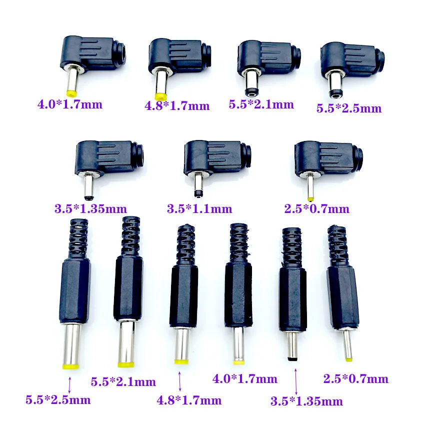10 unidades 5,5x2,5 5,5x2,1 4,8x1,7 4,0x1,7 3,5x1,35 3,5x1,1 2,5x0,7mm conector macho de enchufe de alimentación CC ángulo 90 180 grados enchufes en forma de L - imagen 5