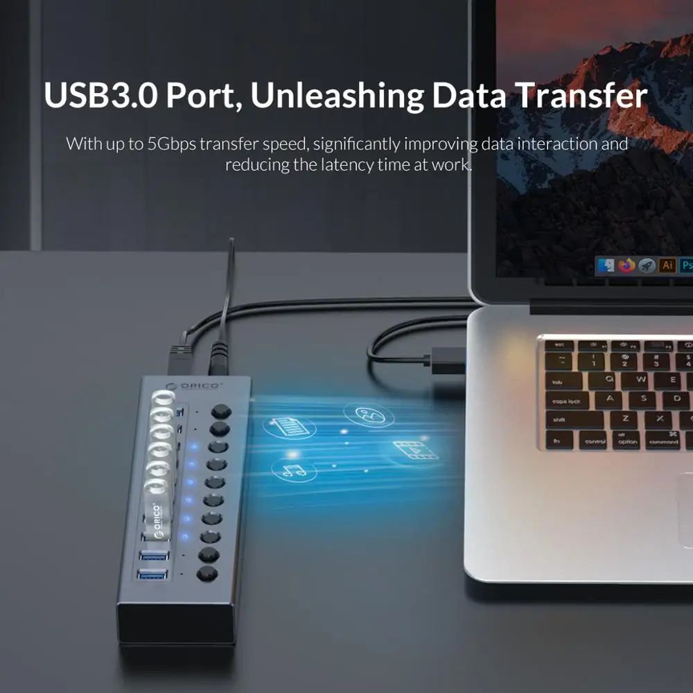 ORICO-HUB USB 3,0 Industrial, 7/10/13/16, divisor de aluminio, interruptor de encendido/apagado con adaptador de corriente de 12V, compatible con carga para ordenador - imagen 3