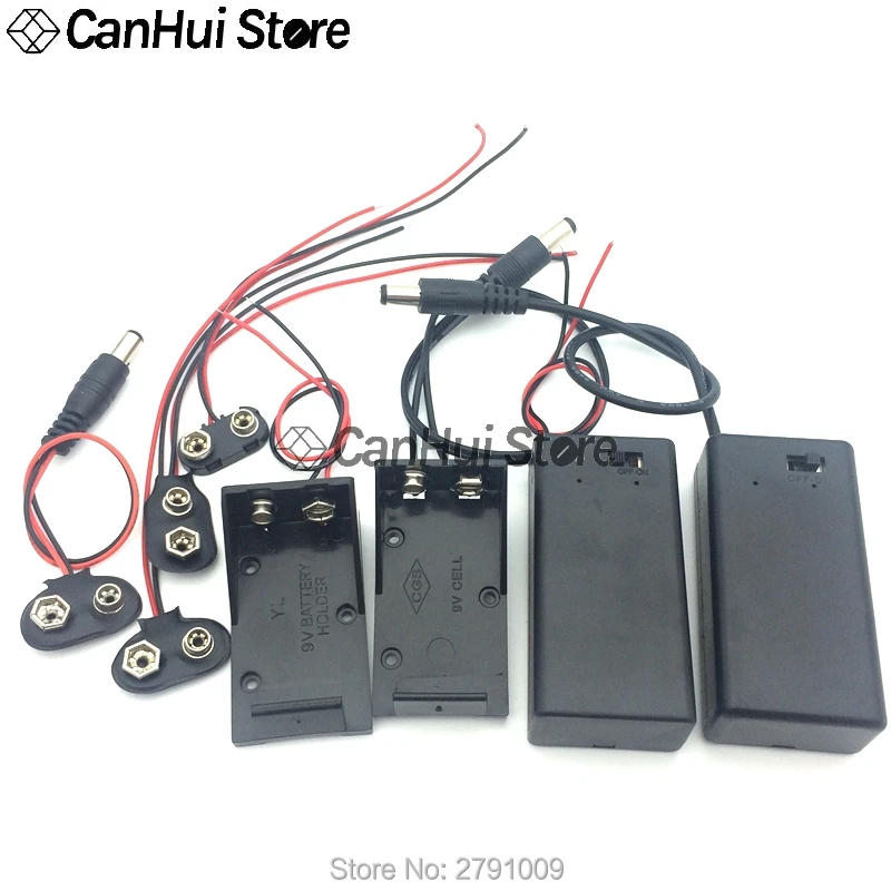 Caja de alimentación de 9 voltios, soporte de batería de 9 V, Clips de batería tipo I/T, hebilla de conector con interruptor de encendido/apagado, enchufe DC5.5, color negro, 1 unidad