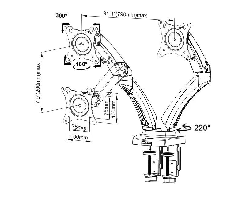 North Bayou F160 Soporte Monitor Doble 17-27 Pulgadas Resorte de Gas - imagen 4