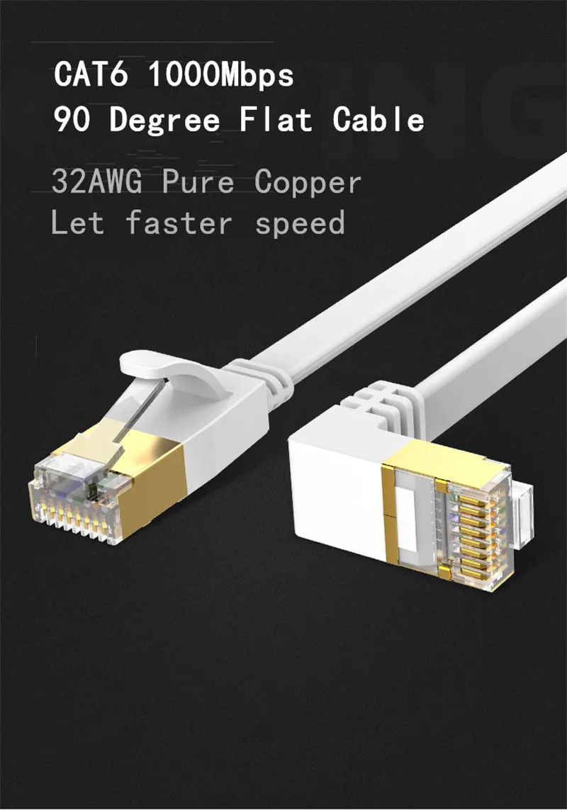 Una imagen blanca y negra de un cable plano Cat6 1000mps de 90 grados